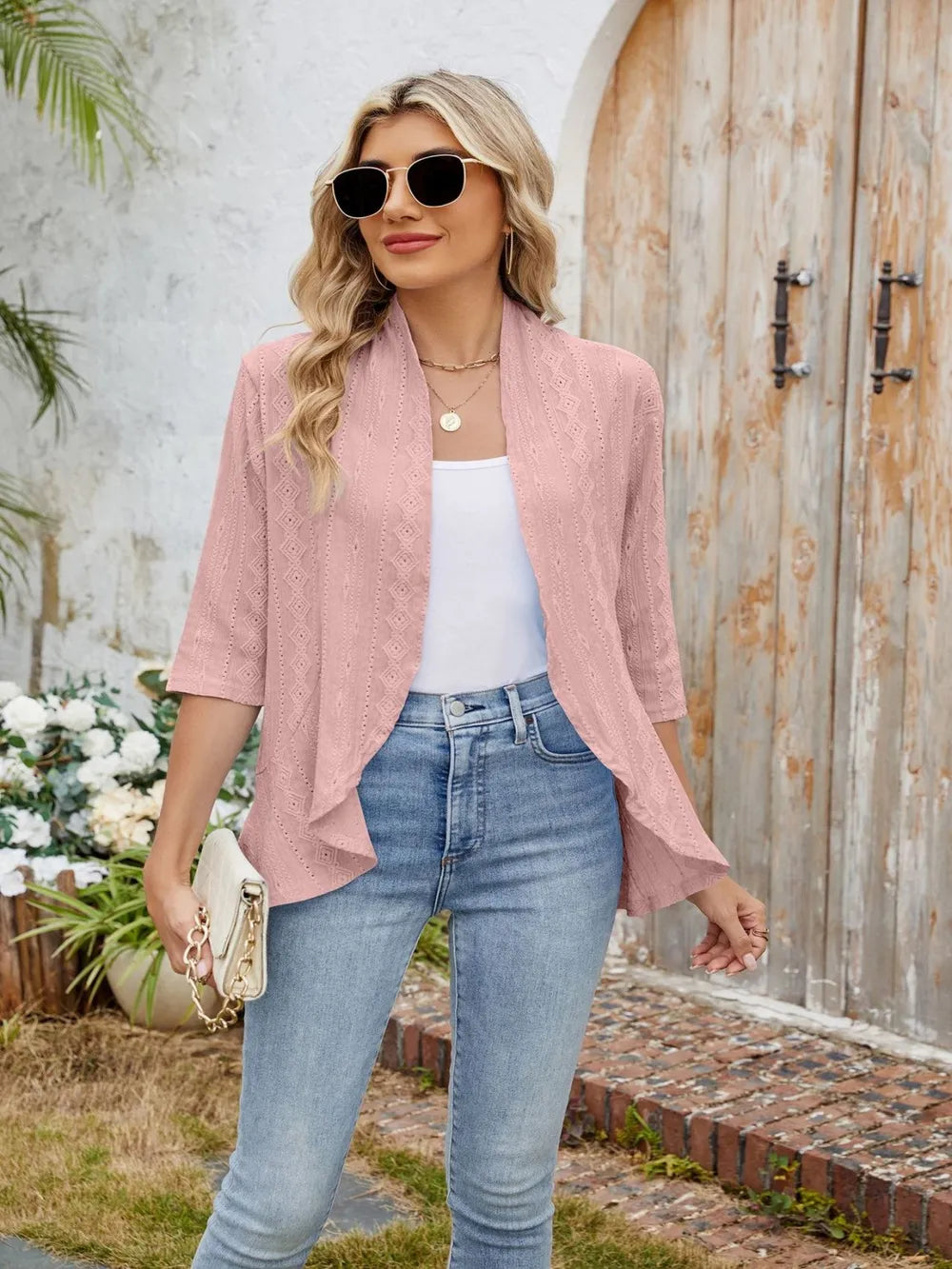 Eyelet Open Front Three-Quarter Sleeve Top