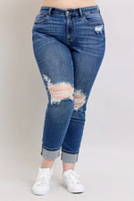 Judy Blue Full Size Mid Rise Boyfriend destroy Jeans with Yoke Pockets and Faux Selvedge Cuff Plus Size - Ladyez