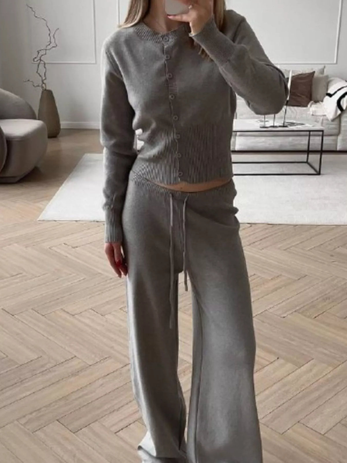 Button Up Cardigan and Pants Knit Set