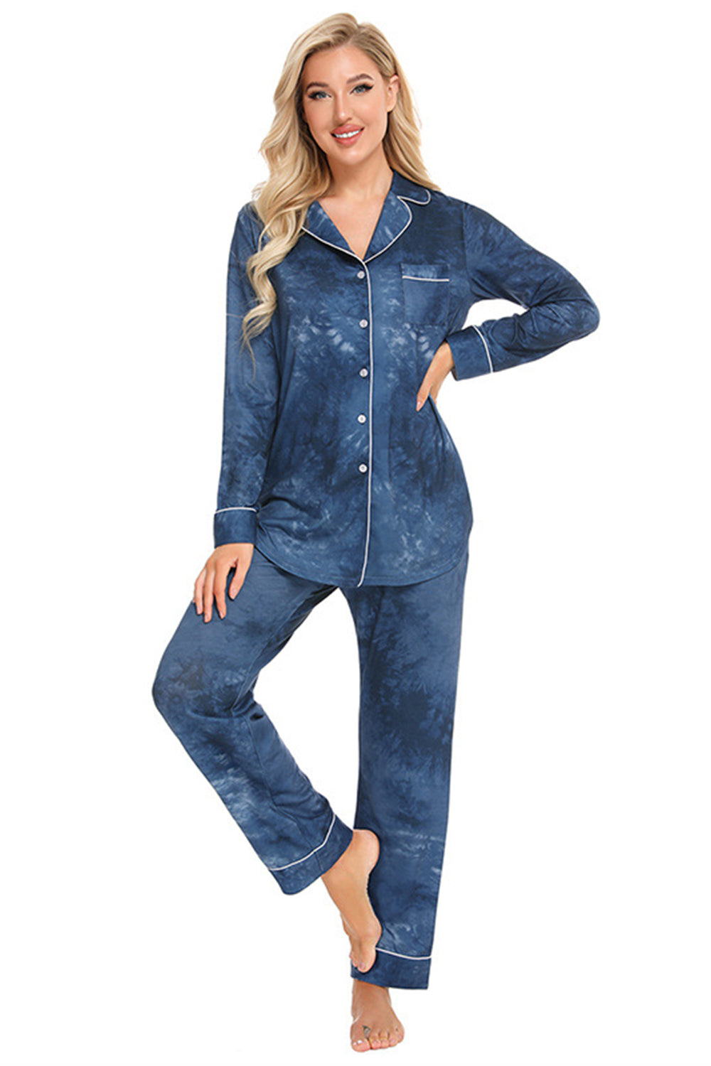 Collared Neck Long Sleeve Loungewear Set with Pockets - Ladyez