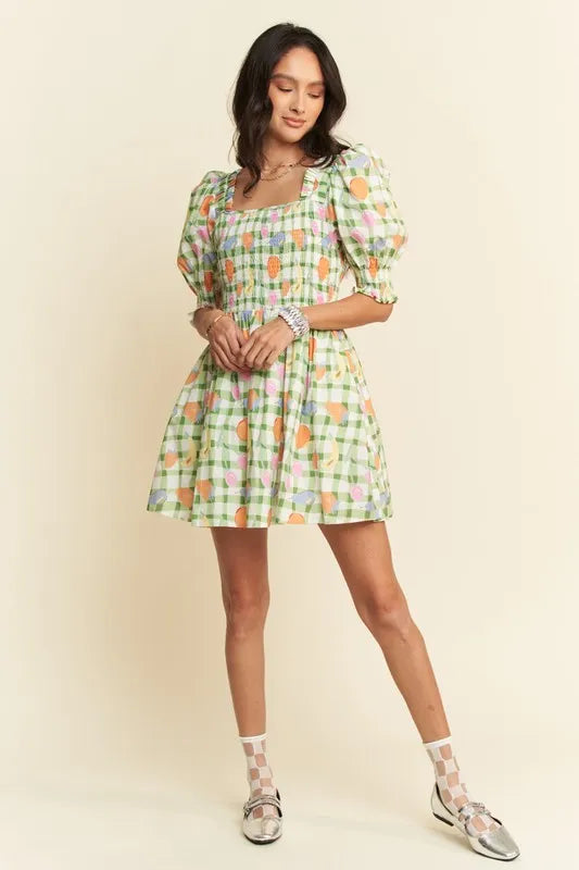 Davi & Dani Fruits Printed Smocking Mini Dress - Ladyez