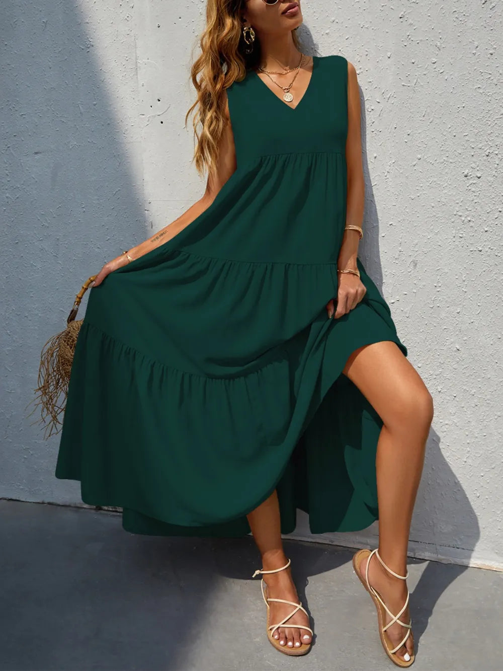 FAM-FAM Tiered V-Neck Sleeveless Dress - Ladyez