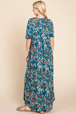BOMBOM Printed Shirred Maxi Dress - Ladyez