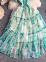 Smocked Floral Tiered Mesh Midi Dress