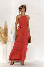 Halter Neck Tie Waist Tiered Maxi Dress - Ladyez