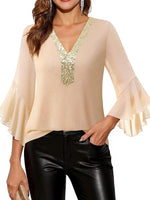 Sequin V-Neck Flounce Sleeve Blouse