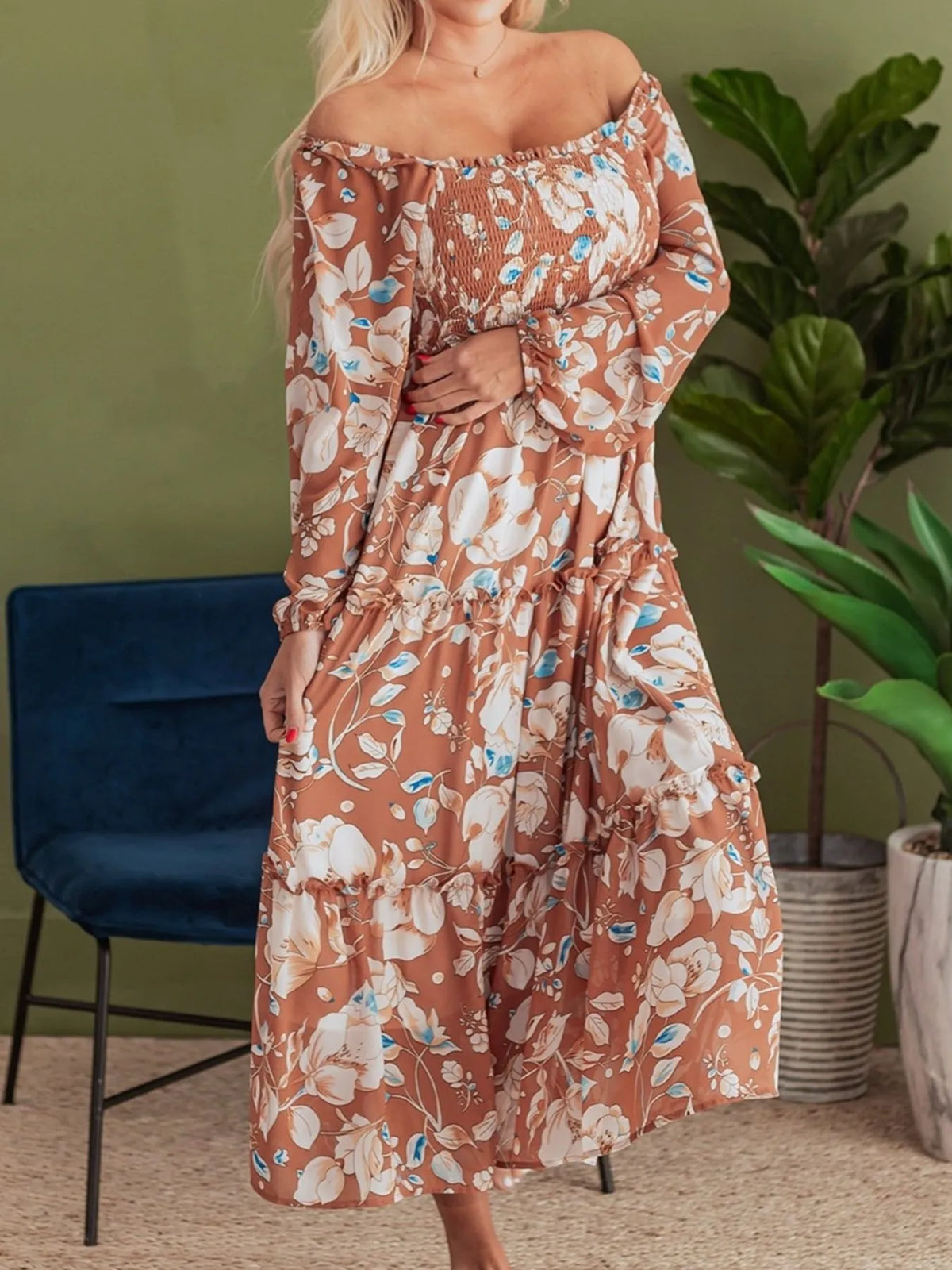 Smocked Printed Long Sleeve Tiered Dress