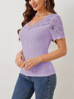 Lace Trim Eyelet Embroidered Summer T-Shirt - Ladyez