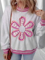 Flower Patch Contrast Trim Crew Neck Sweatshirt