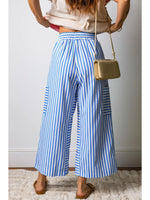 Stripe Drawstring Elastic Waist Patch Pocket Wide Leg Ankle-length Pants