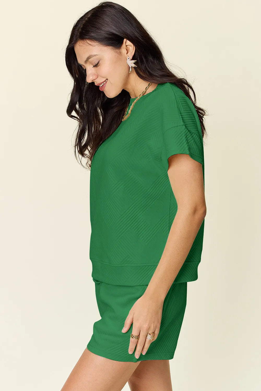 Double Take Full Size Texture Short Sleeve T-Shirt and Drawstring Shorts Set - Ladyez