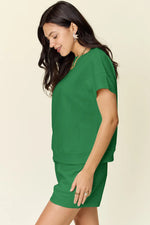 Double Take Full Size Texture Short Sleeve T-Shirt and Drawstring Shorts Set - Ladyez