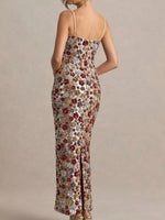 Slit Floral Sequin Bodycon Maxi Dress