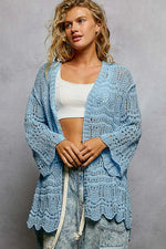POL Openwork Lightweight Open Front Cardigan with Scalloped Edge