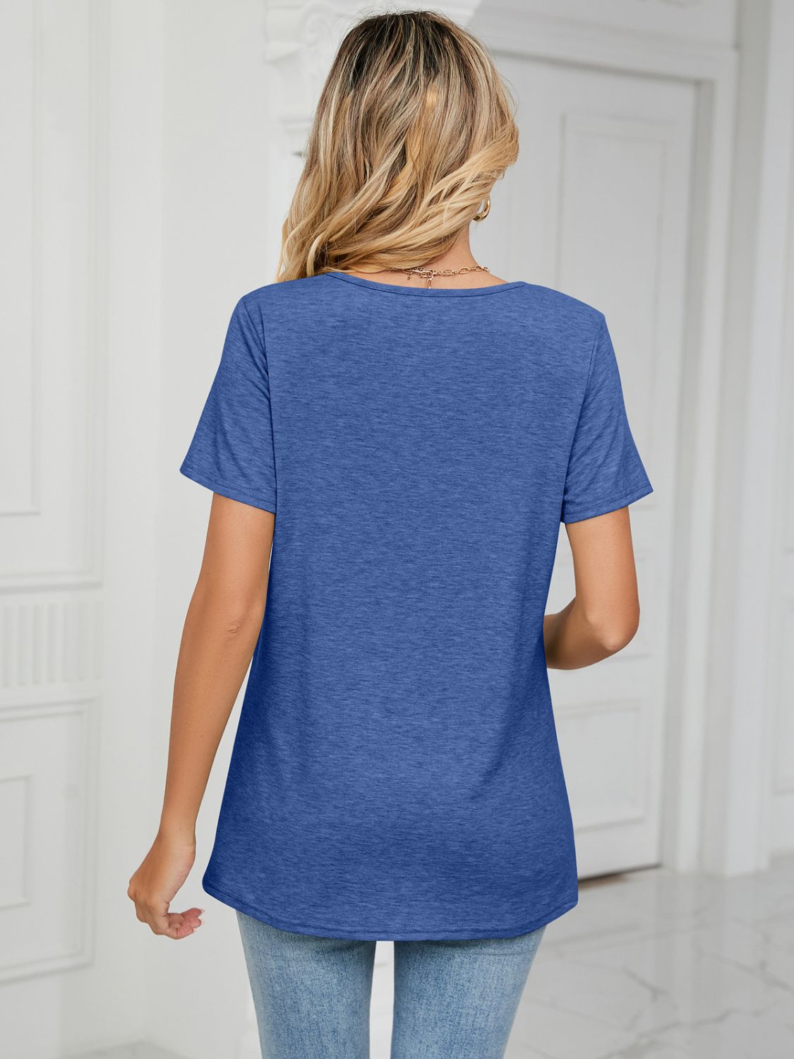 Ruched V-Neck Short Sleeve T-Shirt - Ladyez