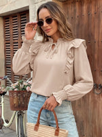 Ruffled Tie Neck Long Sleeve Blouse