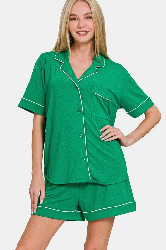 Zenana Button Down Short Sleeve Top and Shorts Lounge Set - Ladyez