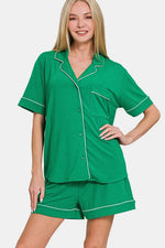 Zenana Button Down Short Sleeve Top and Shorts Lounge Set - Ladyez