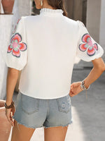 Floral Print Notched Puff Sleeve Blouse - Ladyez