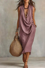 Sleeveless Drape Neck Midi Dress