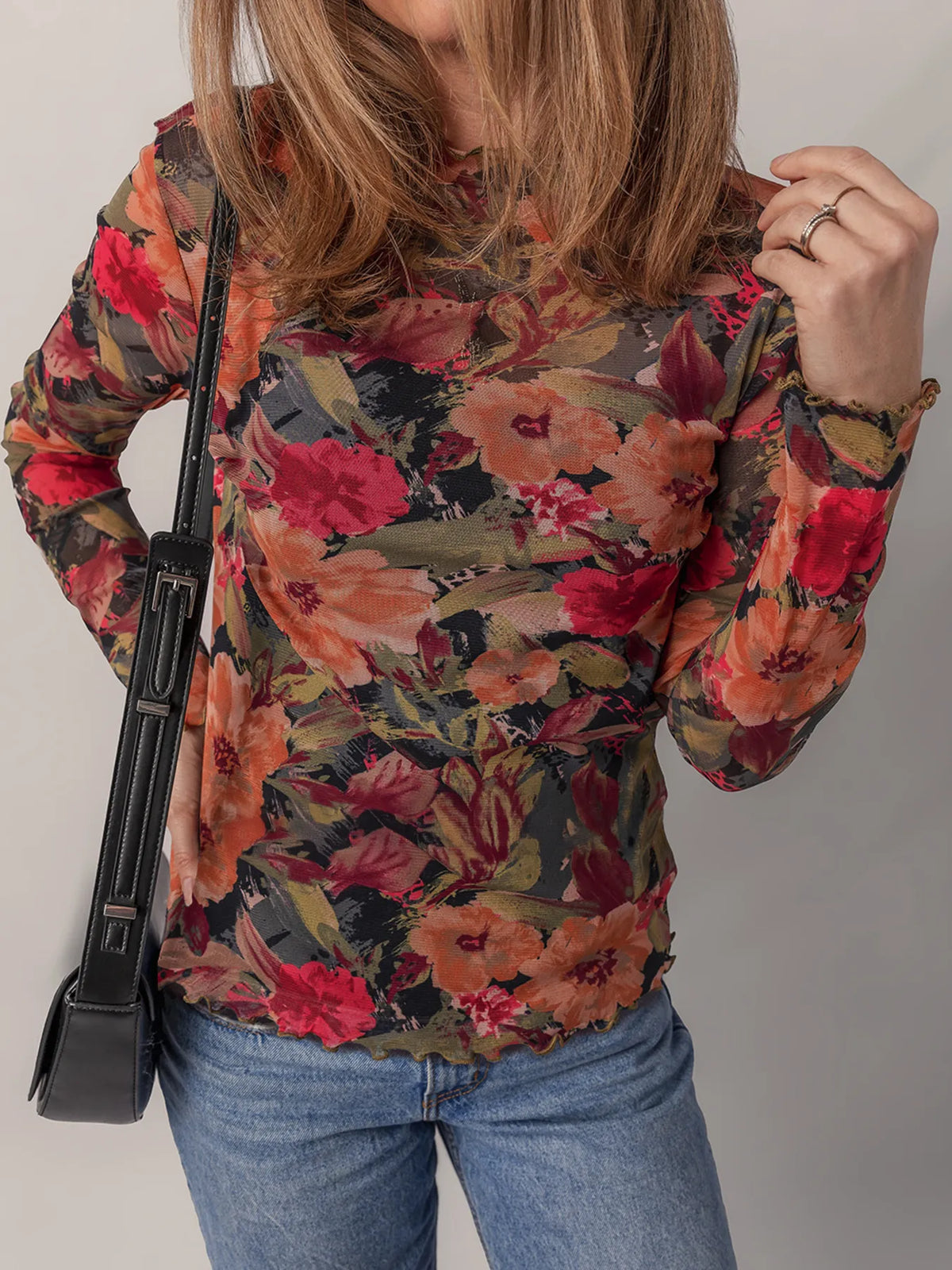 Multicolour Floral Print Lettuce Trim Long Sleeve Mesh Top - Ladyez