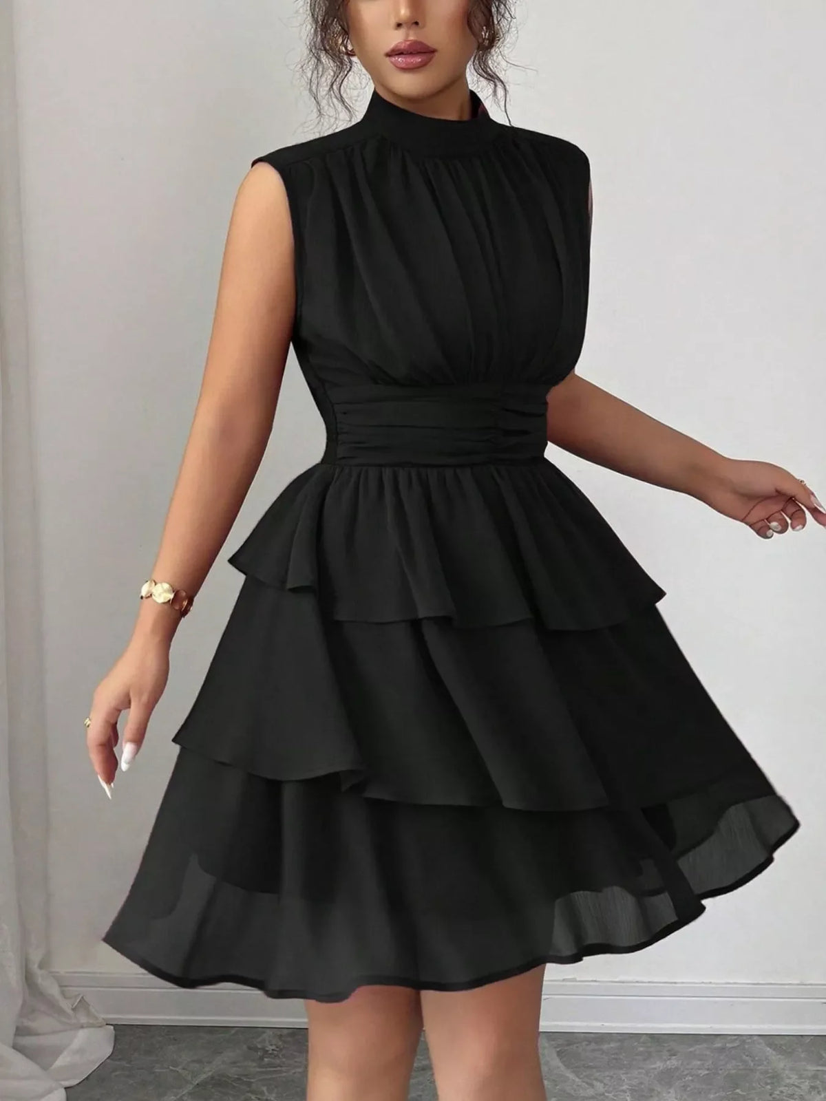 Sleeveless Mock Neck Layered Ruffle Dress