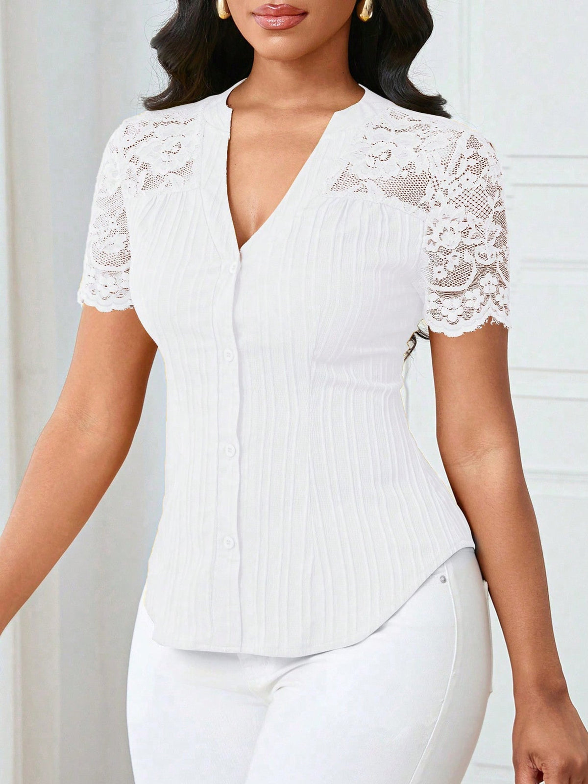 Lace Sleeve Button Up Shirt