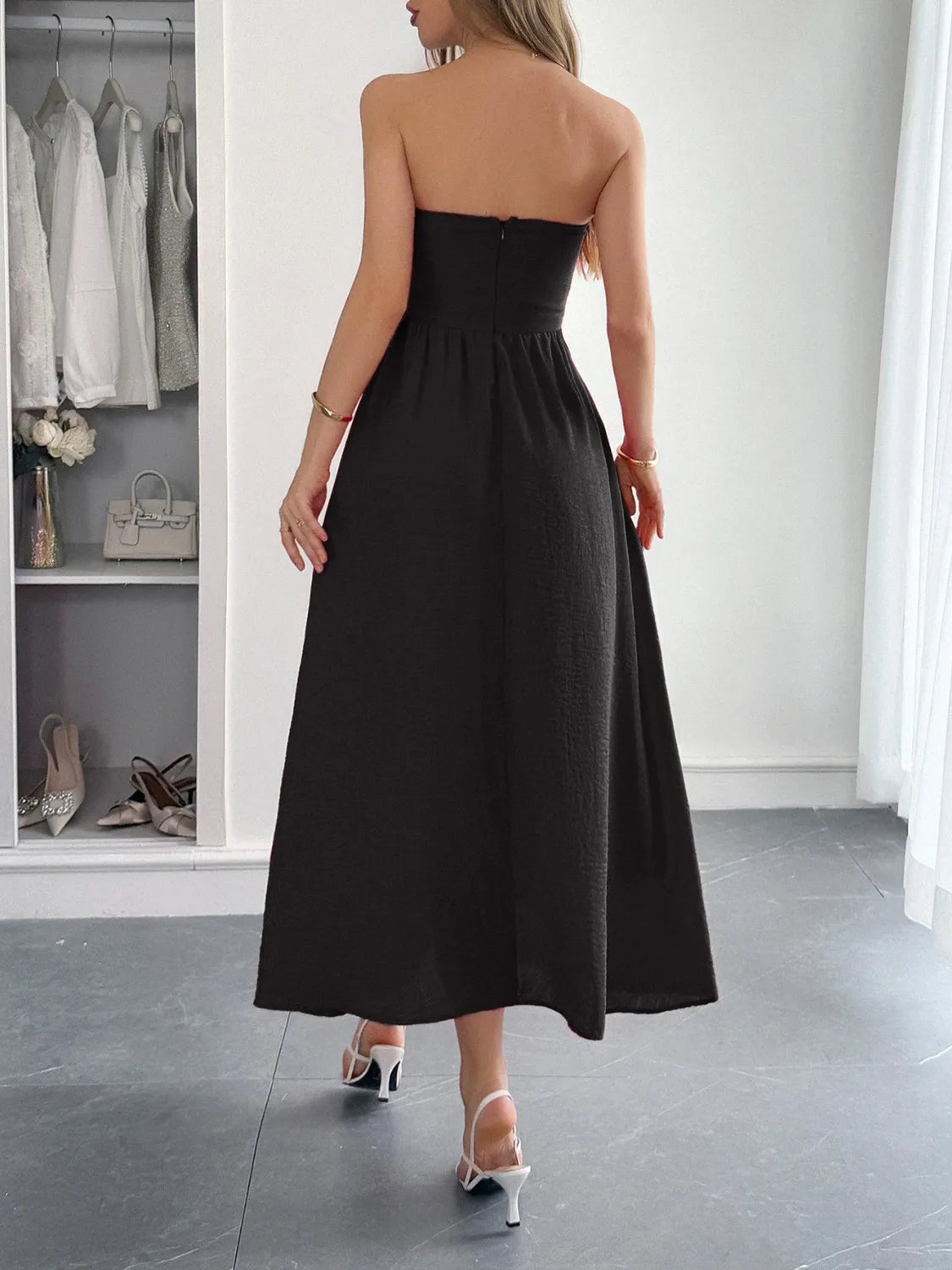 Strapless A-Line Midi Dress with Pockets - Ladyez