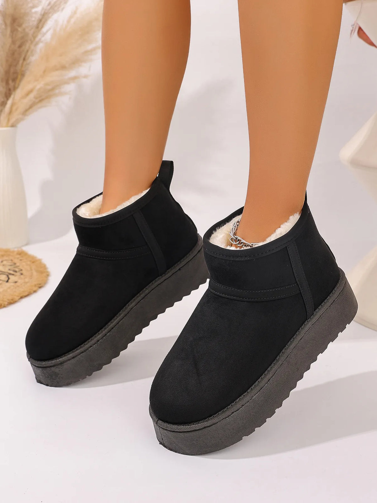 Platform Winter Ankle Boots with Cozy Fleece Lining - Ladyez
