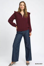 Umgee Luxeknit Ruffle Shoulder Quarter-Zip Sweatshirt