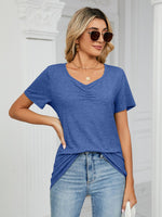 Ruched V-Neck Short Sleeve T-Shirt - Ladyez