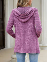 Ribbed Knit Hooded Button-Down Cardigan