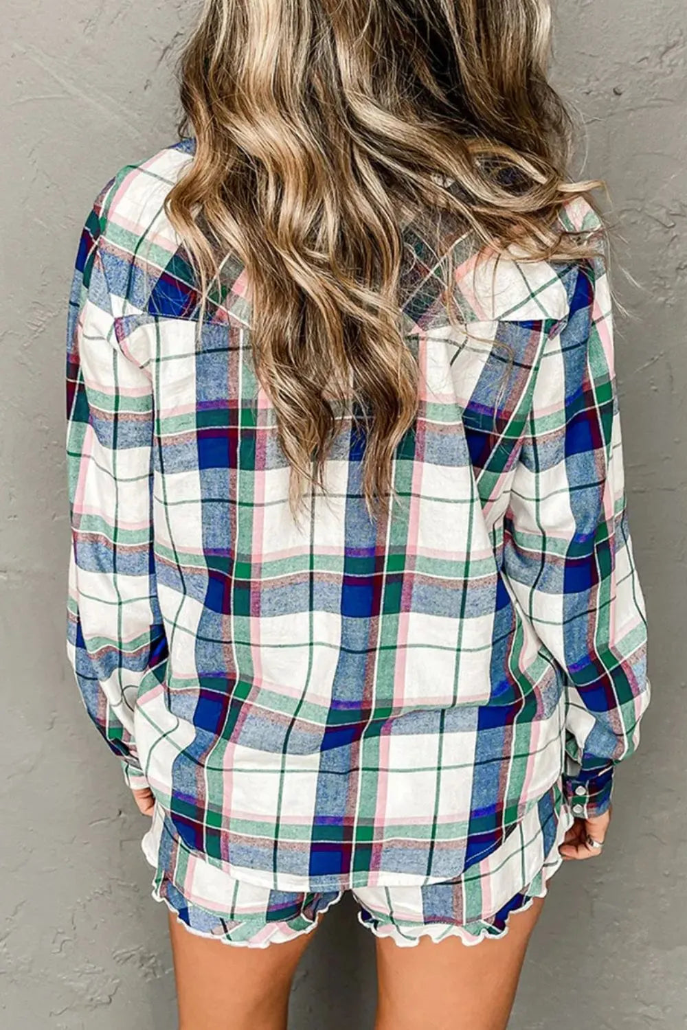 Plaid Snap Down Long Sleeve Top and Shorts Lounge Set - Ladyez