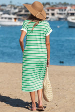 Stripe Collared V Neck Short Sleeve T Shirt Midi Dress with Pockets