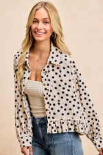 BiBi Crinkle Polka Dot Ruffled Hem Button Up Shirt Top