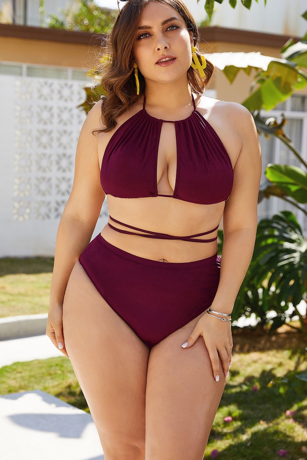 Plus Size Cutout Tied Backless Bikini Set - Ladyez