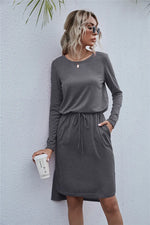 Drawstring Waist Round Neck Long Sleeve Dress