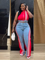 Zip Front Crop Top and Striped Pants Set
