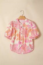 Floral Print Button Down Pintuck Short Sleeve Shirt