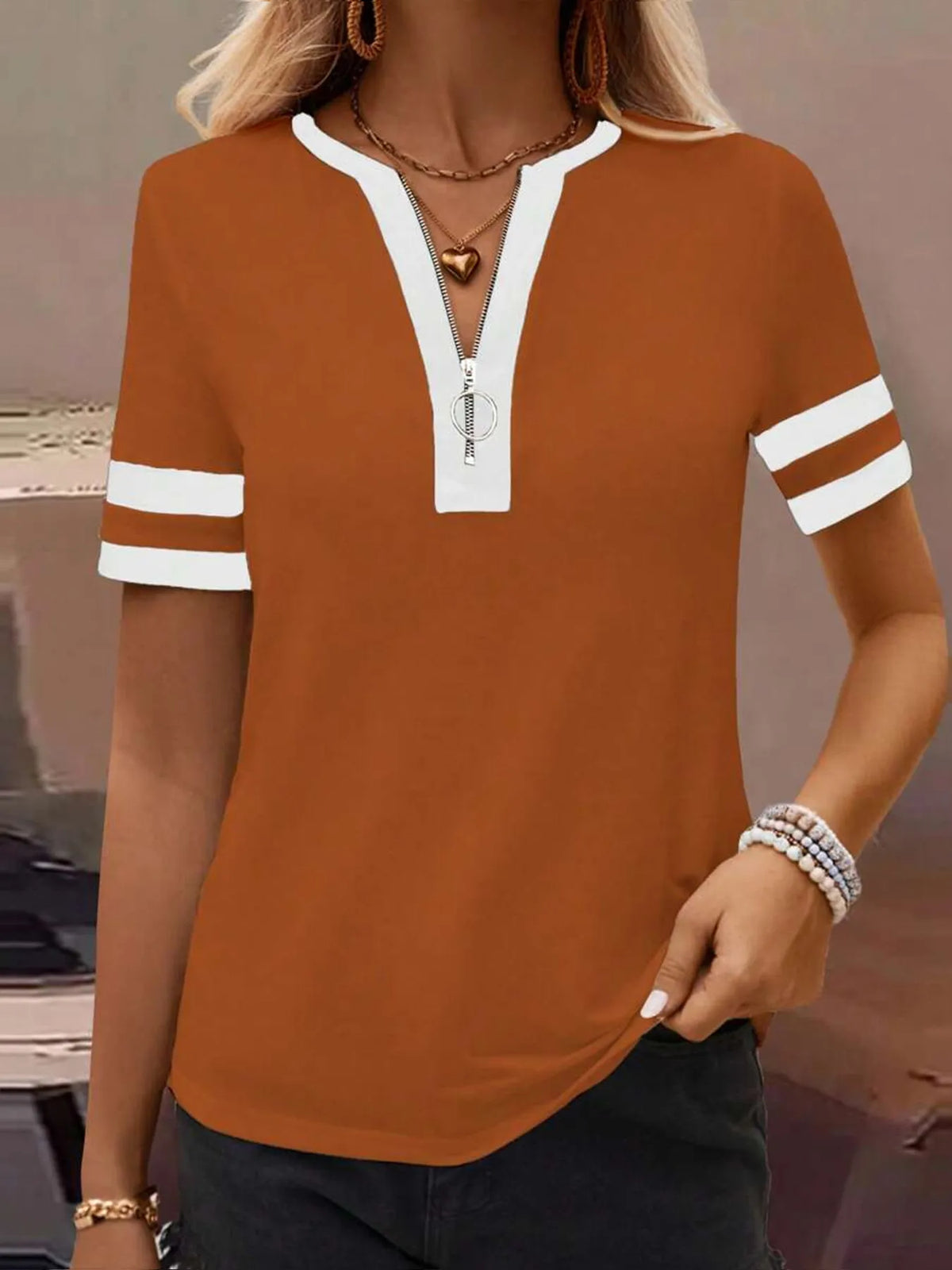 Striped Short Sleeve Half Zip Top - Ladyez