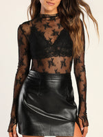 Lace Mock Neck Long Sleeve Blouse - Ladyez