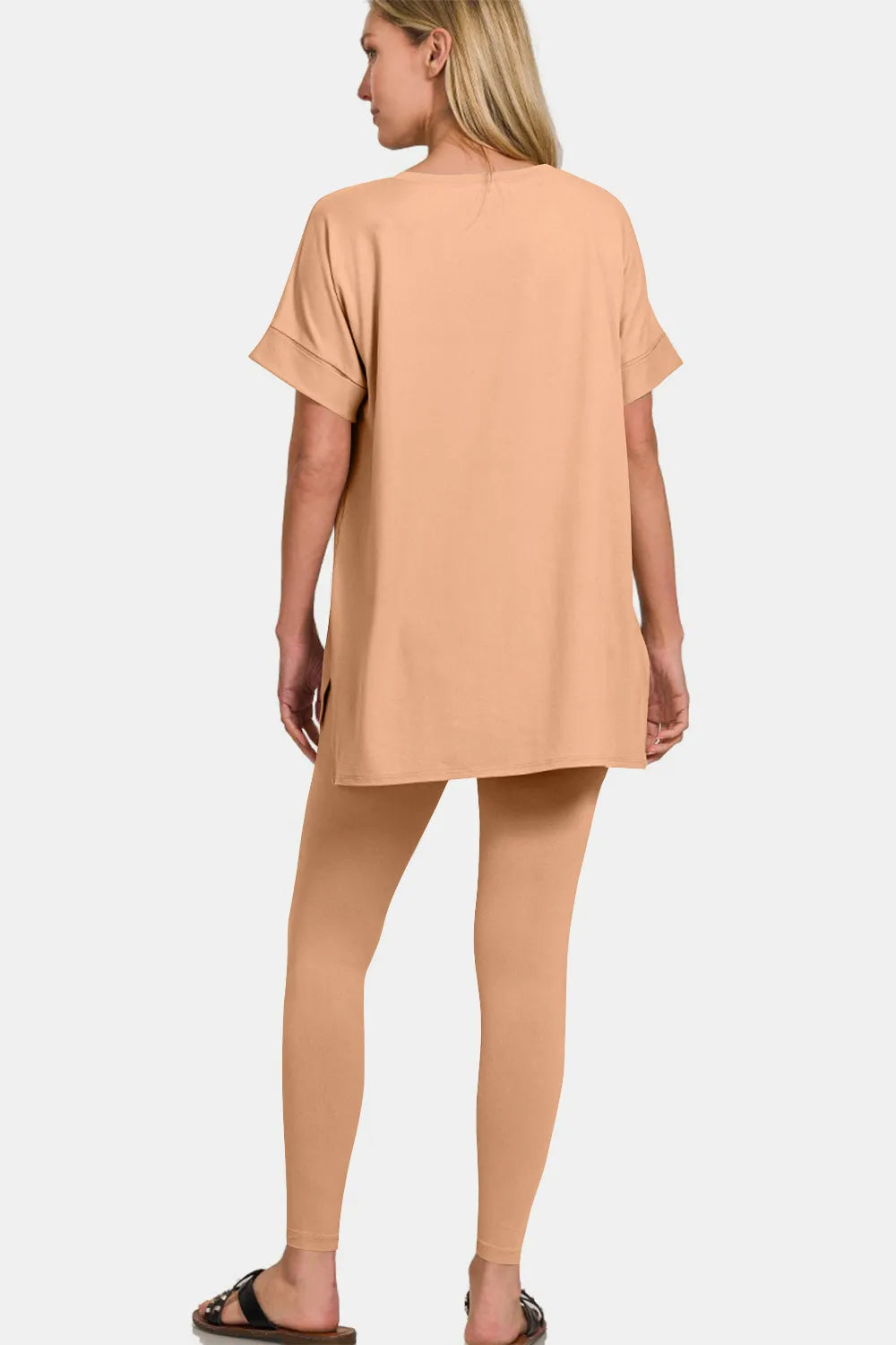 Zenana Full Size V-Neck Rolled Short Sleeve T-Shirt and Leggings Lounge Set - Ladyez