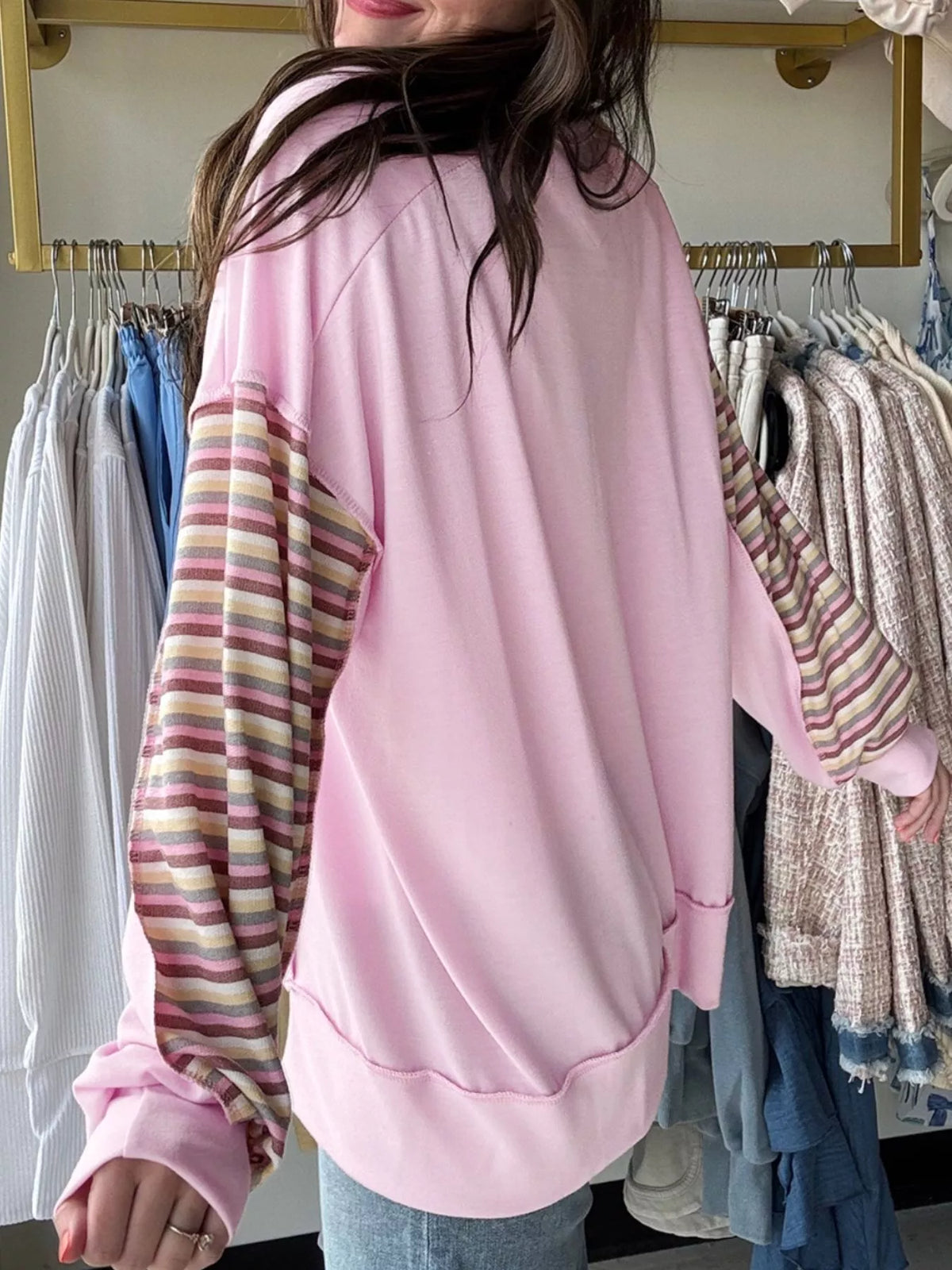 Exposed Seam Color Block Striped Patchwork Loose Henley Sweatshirt