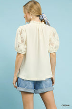 Umgee Textured Blouse with Lace Contrast Sleeves