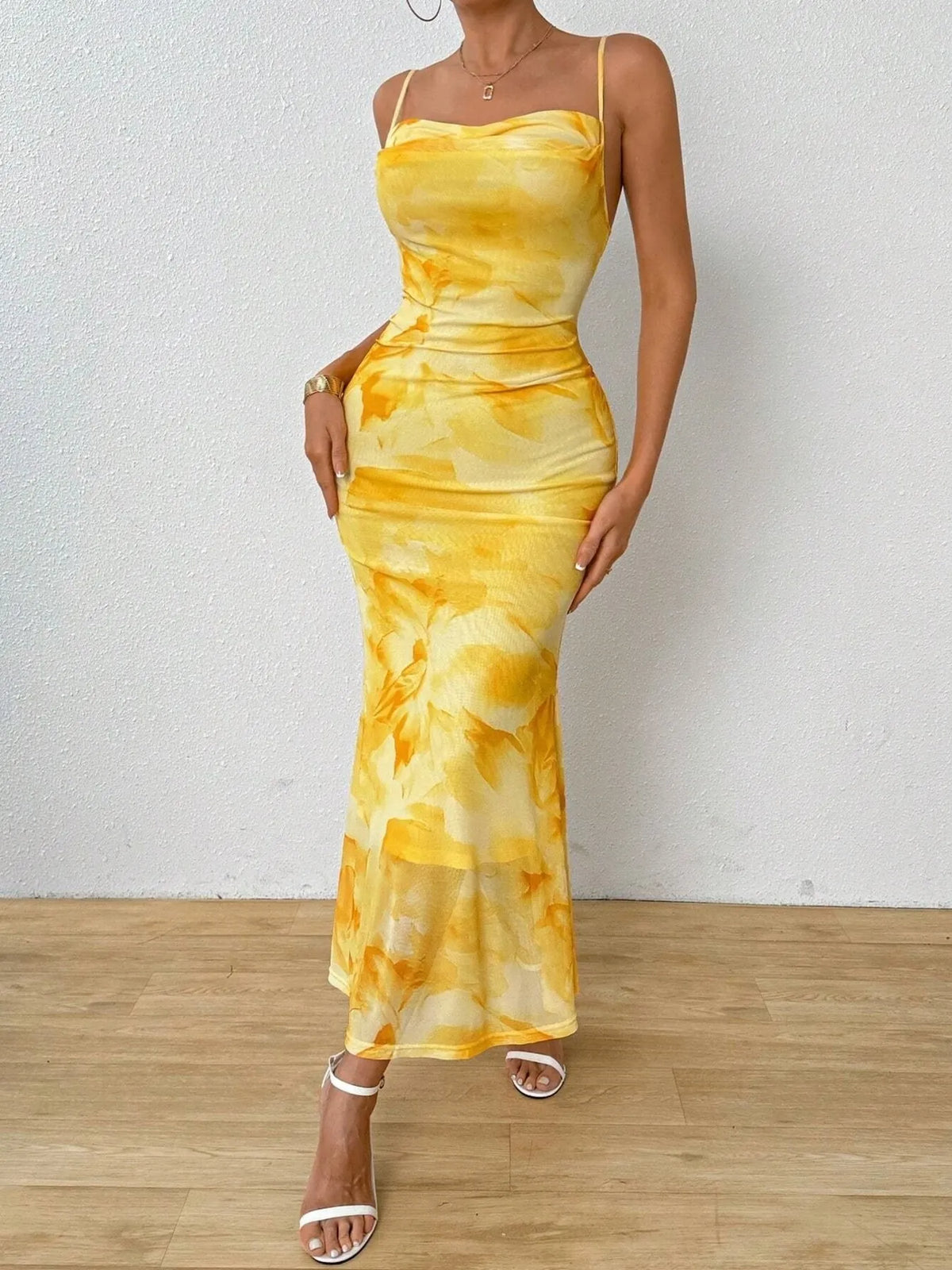 Tie-Dye Ruched Bodycon Mesh Cami Maxi Dress - Ladyez