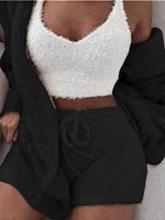 Full Size 3-Piece Fuzzy Plush Cardigan and Shorts Lounge Set with Crop Top Plus Size