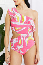 Marina West Swim Vitamin C Asymmetric Cutout Ruffle Swimsuit in Pink - Ladyez