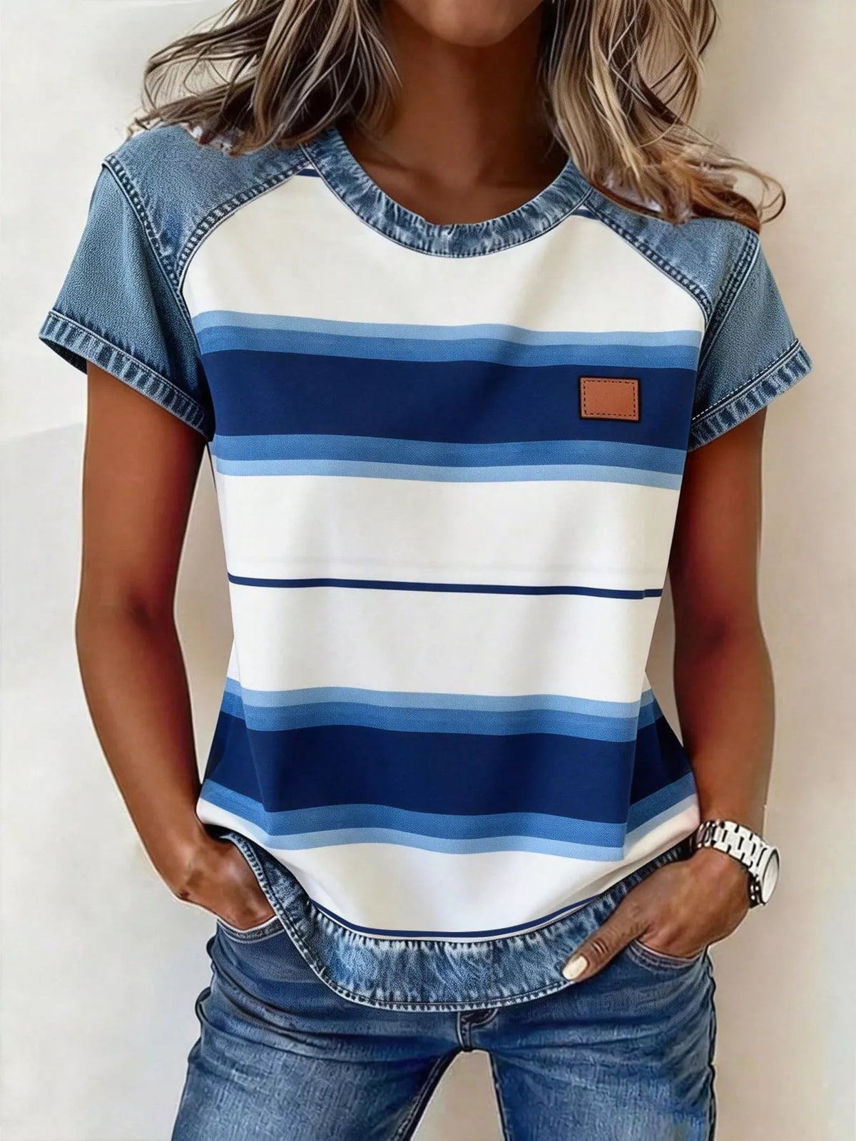 Denim Patchwork Short Sleeve Blouse
