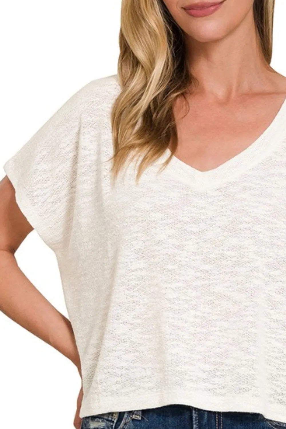 Zenana Hacci Slub V-neck Drop Shoulder Crop Top - Ladyez