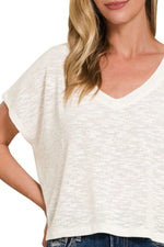 Zenana Hacci Slub V-neck Drop Shoulder Crop Top - Ladyez